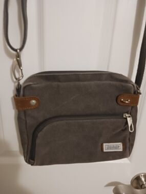 Travelon Compact Crossbody Bag - Gray with Brown Accents Pockets